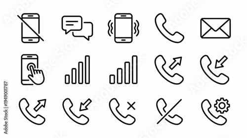 Minimalist black line icons set of smartphone communication features like phone calls and chat bubbles on white background, concept for app interface, branding design and business contact
