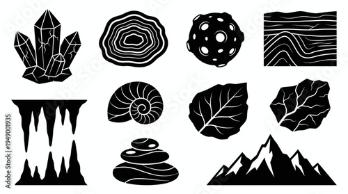Black silhouette icons set featuring crystals, rock layers, mountains and natural geological elements, concept for educational infographics, environmental branding and adventure logo design
