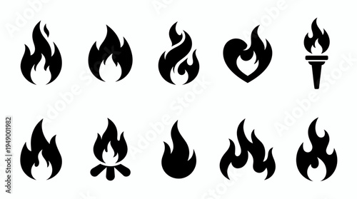Set of black fire flame silhouettes including bonfire and torch icons isolated on white background, concept for logo design, warning signs and digital interface illustration