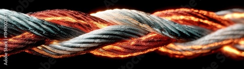 Close-up of intertwined steel cables glowing with orange light, highlighting texture and metallic details against a black background, the US and Iran war effects