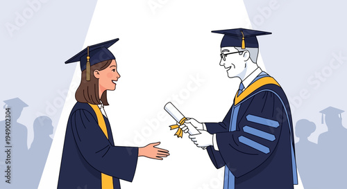 A clean flat design illustration showing a proud female graduate accepting her diploma from a dean during a commencement ceremony.