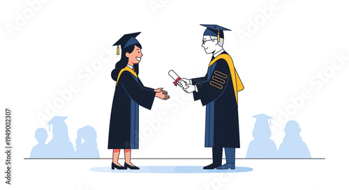 A clean flat design illustration showing a proud female graduate accepting her diploma from a dean during a commencement ceremony.
