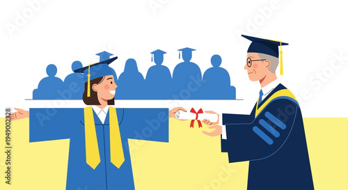 A clean flat design illustration showing a proud female graduate accepting her diploma from a dean during a commencement ceremony.