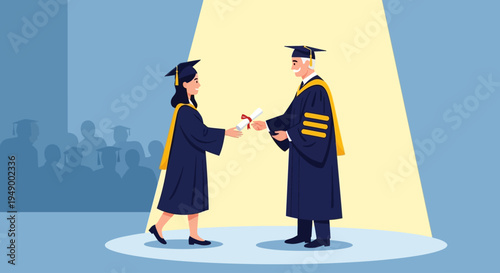 A clean flat design illustration showing a proud female graduate accepting her diploma from a dean during a commencement ceremony.