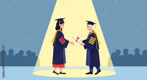 A clean flat design illustration showing a proud female graduate accepting her diploma from a dean during a commencement ceremony.