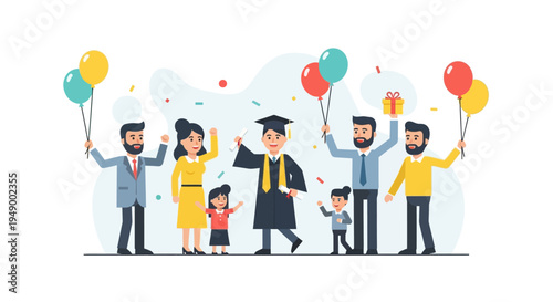 A heartwarming flat design illustration depicting a joyous family celebrating their graduate's big achievement with smiles, balloons, and gifts.