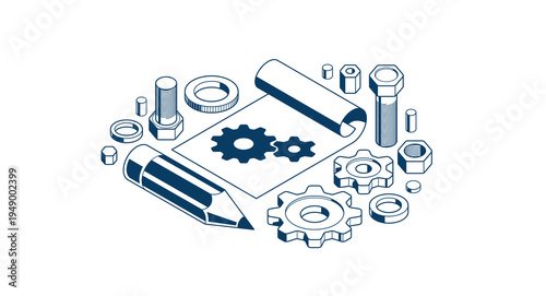 Mechanical engineering project concept, engine draft plan drawing, technical scheme blueprint, paper sheet with gears and pencil 3D isometric vector illustration, repair tutorial.