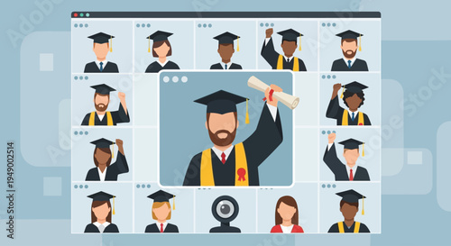 A contemporary flat design illustration depicting a virtual graduation ceremony, with diverse graduates celebrating their achievement via video conference.