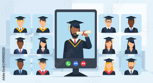 A contemporary flat design illustration depicting a virtual graduation ceremony, with diverse graduates celebrating their achievement via video conference.