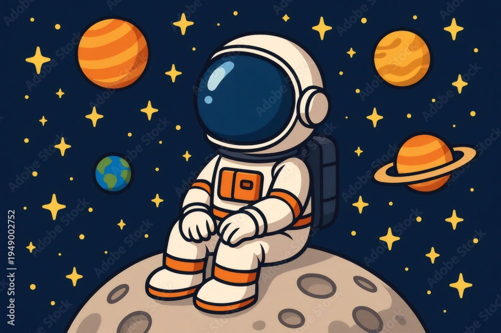 Naklejka premium Astronaut sitting on moon looking at planets and stars