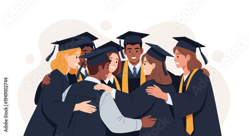 A heartwarming flat design illustration showcasing a diverse group of graduates in a joyful group hug, celebrating their shared academic success and friendship.