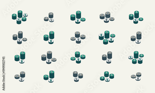 Coin piles vector set, stack of coins 3d isometric bundle, savings treasures and wealth theme, budget, exchange or jackpot concept.