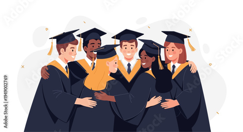 A heartwarming flat design illustration showcasing a diverse group of graduates in a joyful group hug, celebrating their shared academic success and friendship.