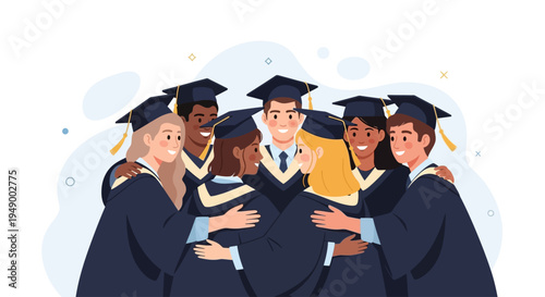 A heartwarming flat design illustration showcasing a diverse group of graduates in a joyful group hug, celebrating their shared academic success and friendship.