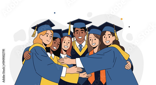 A heartwarming flat design illustration showcasing a diverse group of graduates in a joyful group hug, celebrating their shared academic success and friendship.