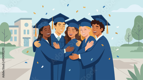 A heartwarming flat design illustration showcasing a diverse group of graduates in a joyful group hug, celebrating their shared academic success and friendship.