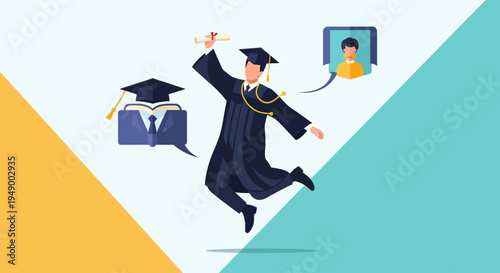 An energetic flat design illustration of a graduate leaping in the air, diploma in hand, expressing pure joy and excitement for their academic achievement.