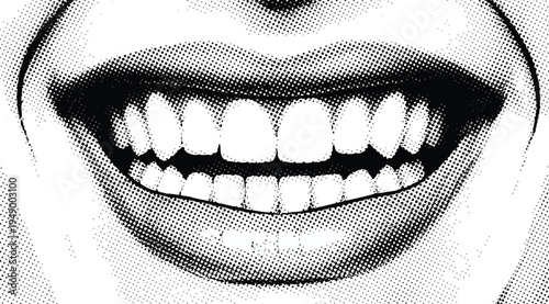A black and white illustration of a smiling mouth with white teeth on a grey background