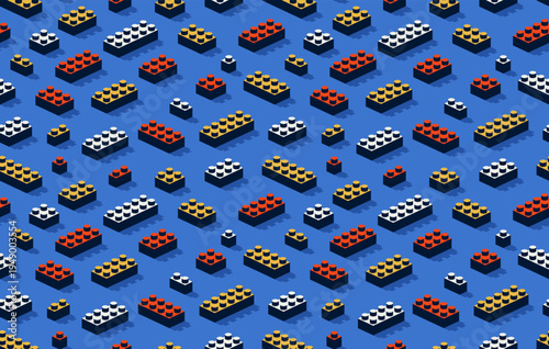 Toy constructor seamless pattern, isometric vector toy bricks tiling wallpaper, children game construction retro colored blocks endless pattern.