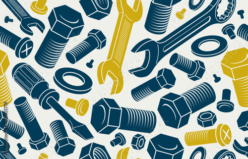 Repair and maintenance seamless background, vector mechanical fix service theme endless wallpaper, bolts and wrenches tiling pattern, elements can be used separately.