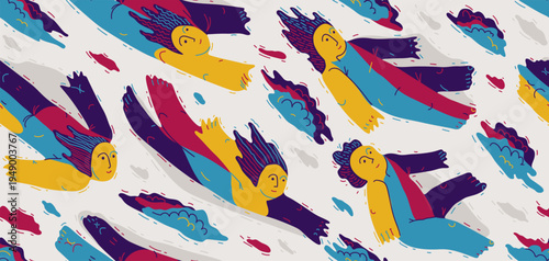 Levitating people seamless background, concept of freedom and imagination, peaceful and tranquil theme tiling wallpaper, dreamers floating among the clouds.