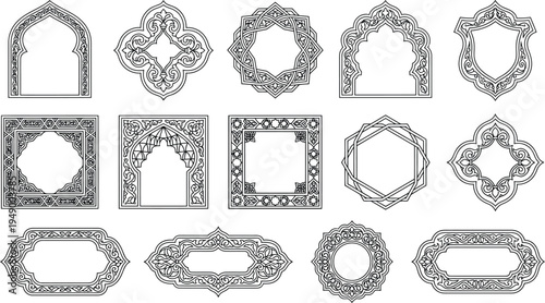 Set of geometric frames with islamic patterns, traditional arabic ornamental borders vector collection in various shapes