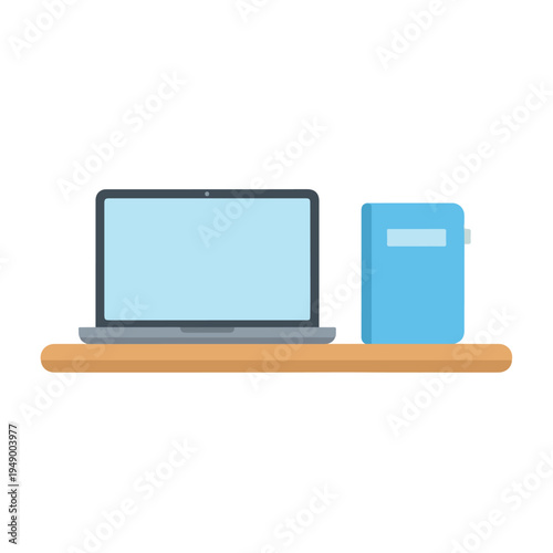 A minimalist vector illustration featuring a grey laptop with a blank screen and a blue book with a label, both placed on a light brown wooden shelf.