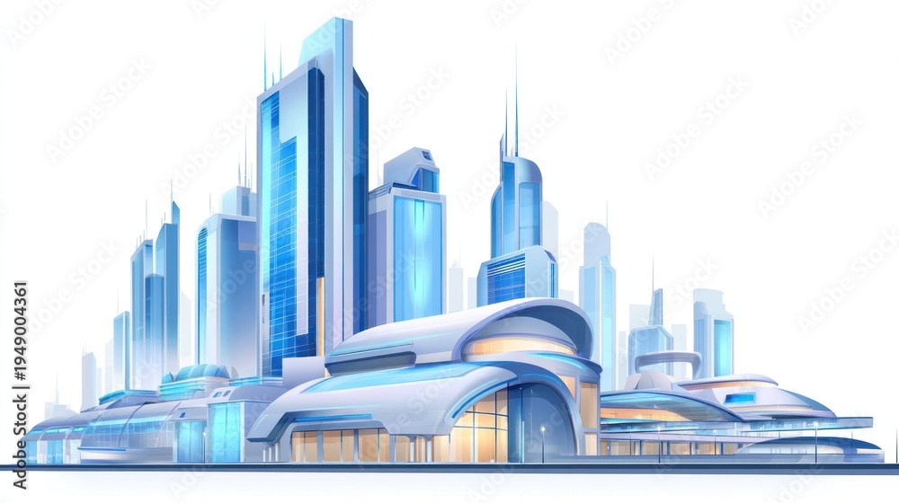 Fototapeta premium Futuristic cityscape with sleek skyscrapers and modern design, featuring blue and white tones