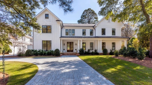 Spacious two-story white house with large windows, gabled roof, tree-lined driveway, sunny day