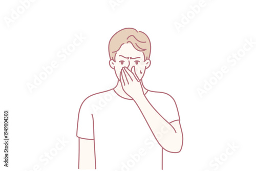 Dissatisfied man pinching nose with hand while suffering from unpleasant smell sweat. Guy is experiencing discomfort due to non-compliance with hygiene standards or health problems. Flat vector image