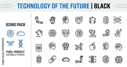 Technology and Future Devices Outline Vector Icon Set — AI, Robotics, Smart Wearables, VR, AR, IoT, Smart Devices, Editable Stroke Icons