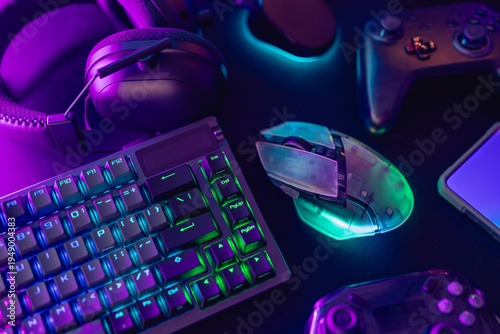 Bilde på lerret A collection of gaming essentials: Various controllers and portable gaming devices neatly arranged on a light gray background