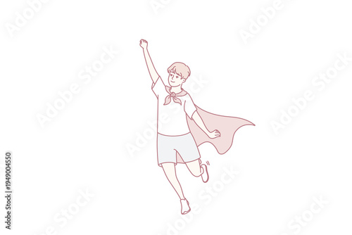Teenager boy in superhero cape stretches hand up and represents flight to save people from crime or cataclysms. School-age guy in red cape and tie pretends to be super-human. Flat vector design
