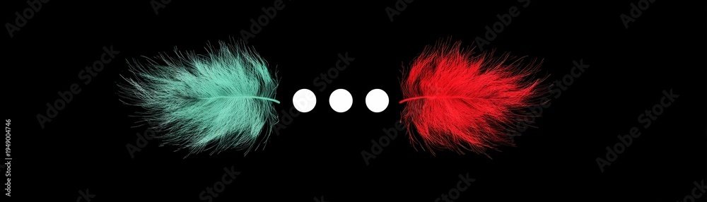 Obraz premium Two colorful feathers, one turquoise and one red, face each other with three white dots in between on a black background, the US and Iran war effects