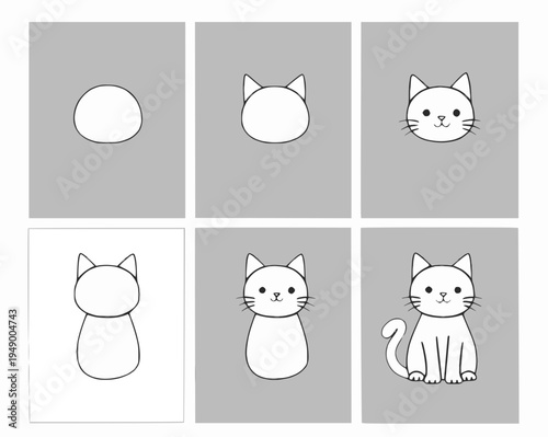 Step by Step Cat  Drawing Worksheet for Kids Black and White Line Art	