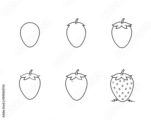 Step by Step Strawberry  Drawing Worksheet for Kids Black and White Line Art	