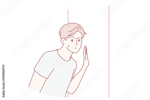 Embarrassed man leaned against door wanting to eavesdrop on someone else secret or hear conversations of people behind wall. Thoughtful guy in t-shirt spying on neighbors. Flat vector image