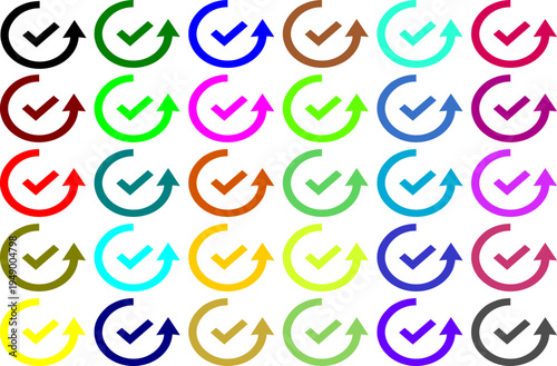 Set of colorful check mark with circular arrows icons in different bright colors on transparent background for business project management and progress tracking