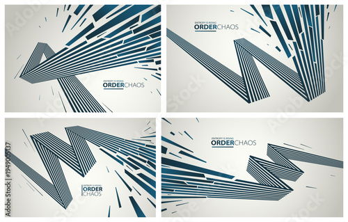 Debris particles exploding in chaos vector abstract background set, entropy is rising to decay and disorder, elements flying in motion, 3D wallpaper.