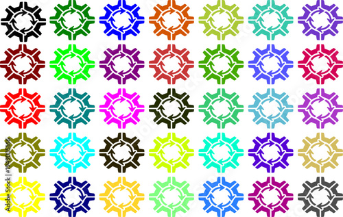Collection of divided gear symbols with circular arrows in various colors representing segmented workflow and cooperative industrial processing and management