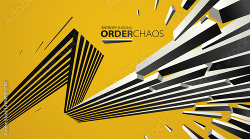 Entropy concept vector abstract background with debris flying in chaos, destruction theme wallpaper, exploded pieces disorder 3D design