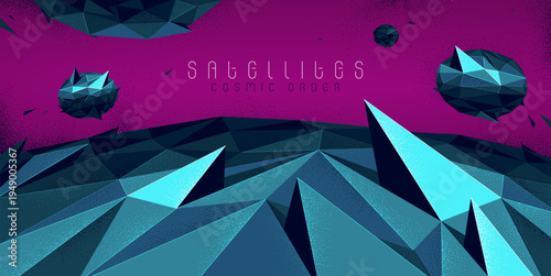 Low poly illustration of a planet terrain with satellites flying in space, vector wallpaper art of sci-fi astronomy, science fiction background.