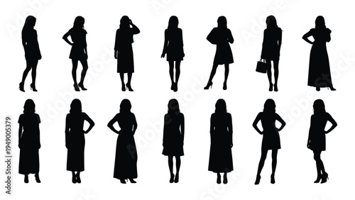 Collection of diverse female silhouettes in various poses and outfits, showcasing elegance and style in black and white