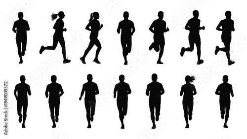 Collection of diverse silhouette runners in various poses and running styles on white background for fitness and sports illustrations