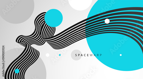 Vector abstract background with curve lines in 3D perspective and bright blue circles, road look like tape with stripes, dynamic speed and motion.