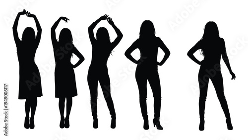 Five silhouette women posing in different fashionable stances with various body language and attire