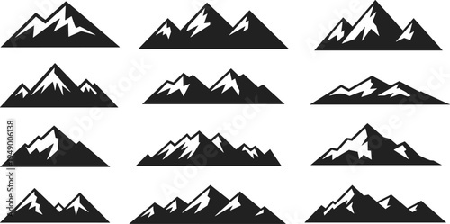 Mountain silhouette collection, snow capped peak landscape icons vector set, alpine mountain range shapes isolated on white background