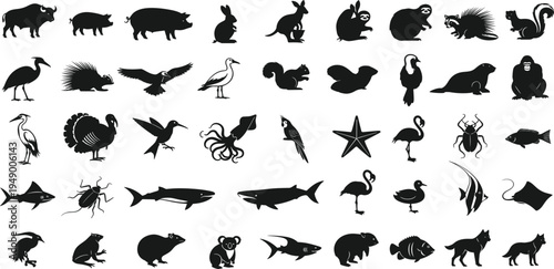 A creative collection of black wild animal silhouettes featuring a nature-inspired vector set of birds, fish, sea sharks, and land animals in a clean flat illustration design