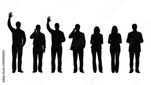 A group of seven people standing in a line with various poses and gestures, conveying different emotions and attitudes, isolated on a white background.