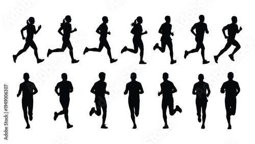 Collection of black silhouettes of men and women running in different poses and directions on a white background for fitness and sports illustrations